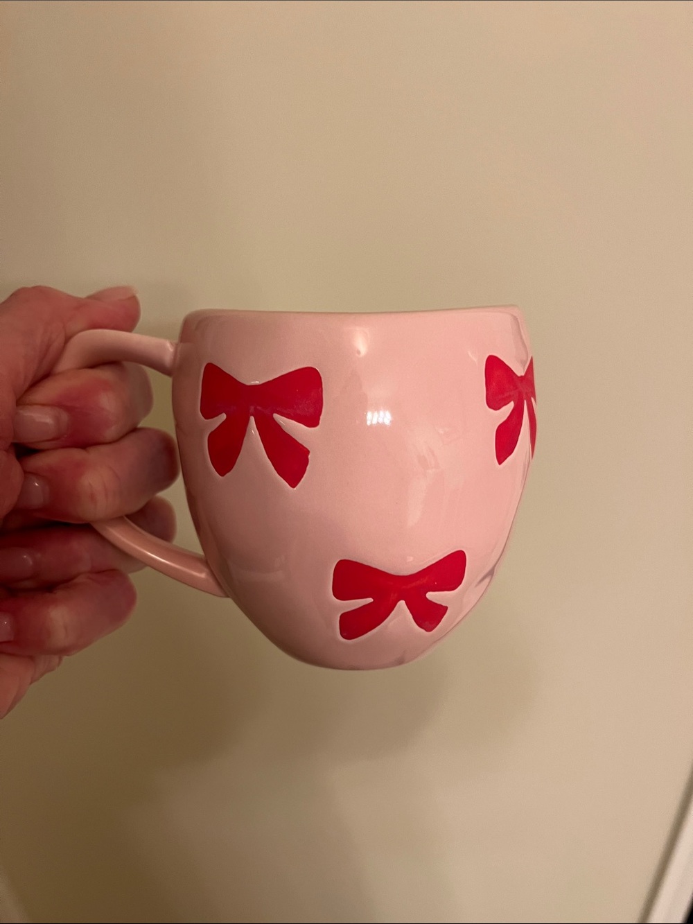 Anthropologie Pink Mug with Red Bow Accents- HOLIDAY COLLECTION -NEW. No tags
